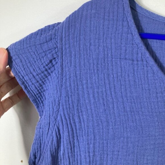 Womens 3 Dots Cotton Waffle V Neck Cap Sleeve Top Blue L - Picture 3 of 5